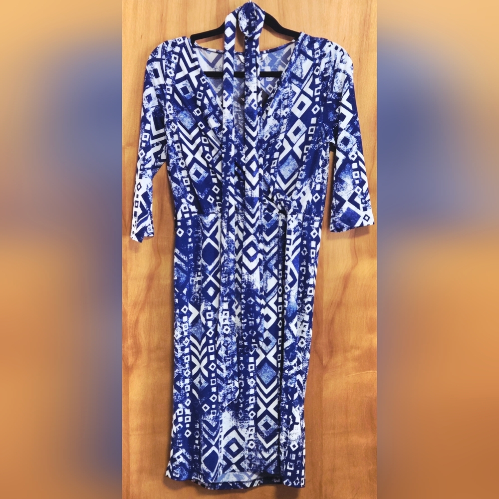 Blue and White Geometric Print Dress